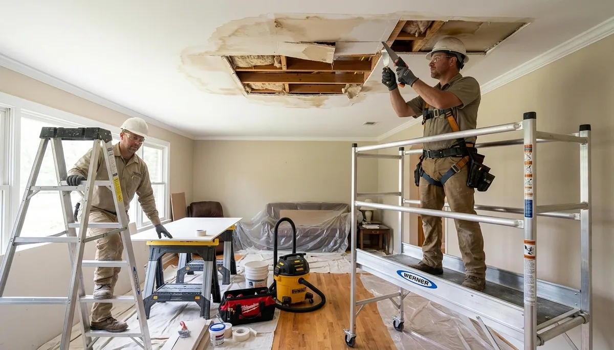 Ceiling water damage repair in Broken Arrow, OK for storm leaks, pipe damage, and moisture staining