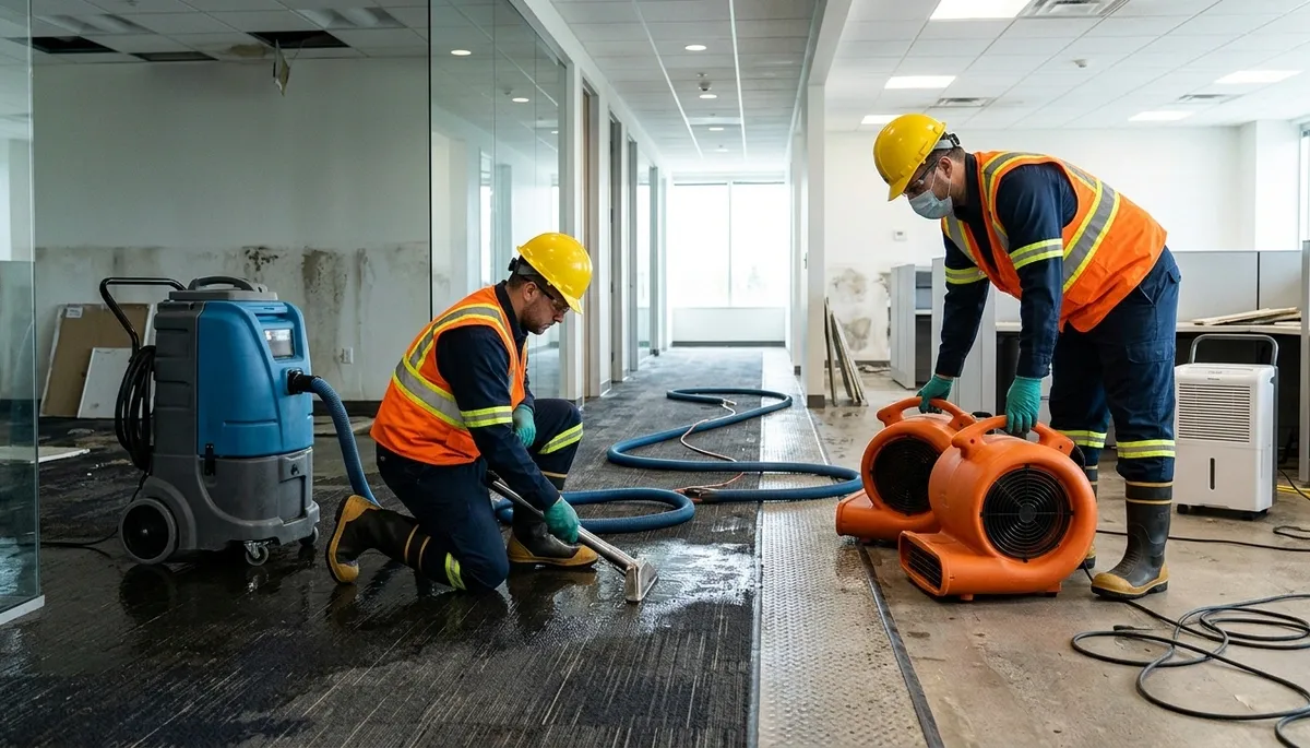 Commercial water damage restoration team in Broken Arrow, OK responding to a flooded business property