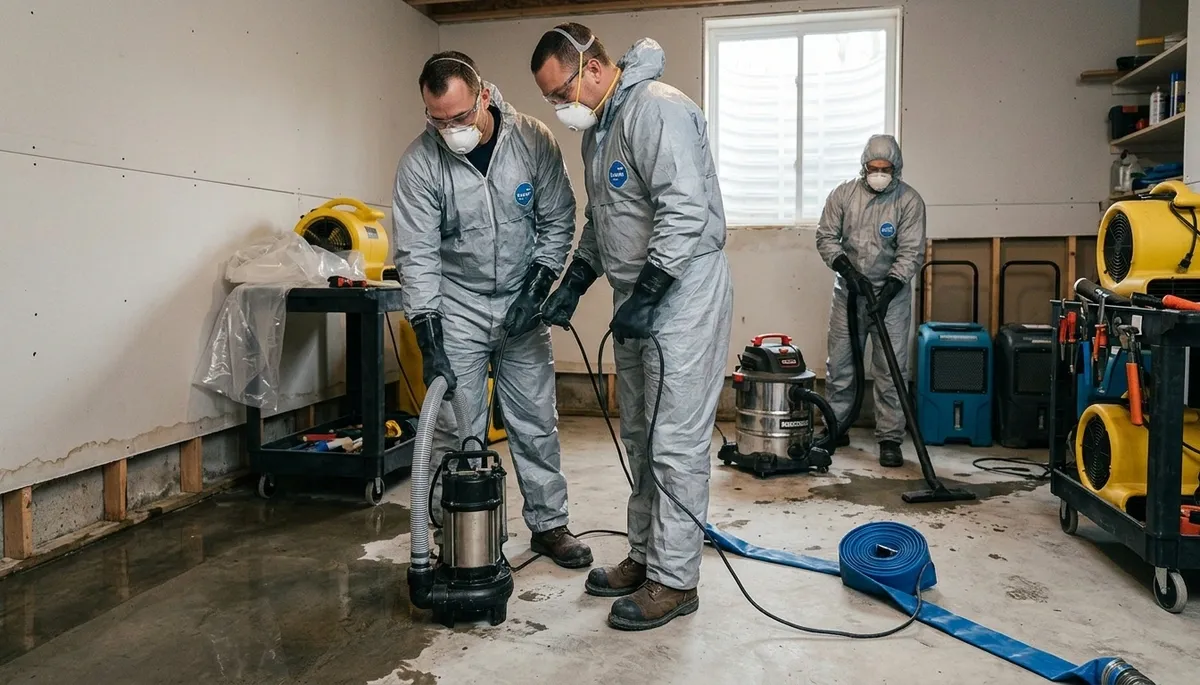 Water damage cleanup crew drying flooded Broken Arrow, OK home after storm runoff