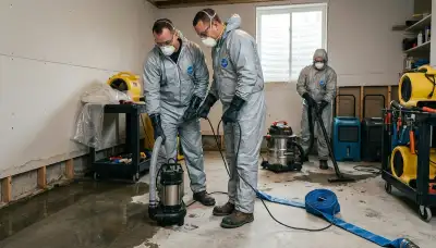 Water damage cleanup crew drying flooded Broken Arrow, OK home after storm runoff