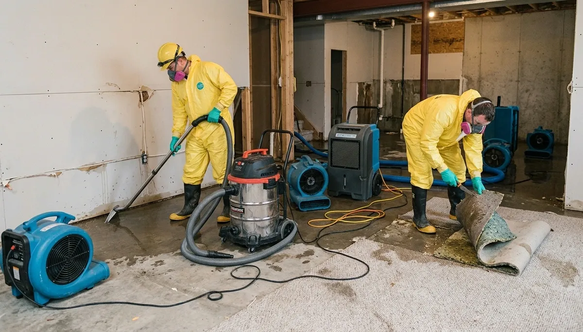 Flood damage cleanup crew in Broken Arrow, OK removing water from a home interior