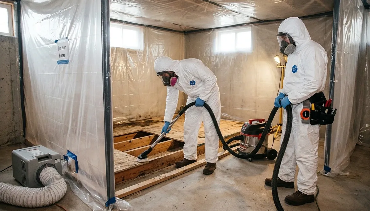 Mold removal technician inspecting moisture damage in Broken Arrow, OK home