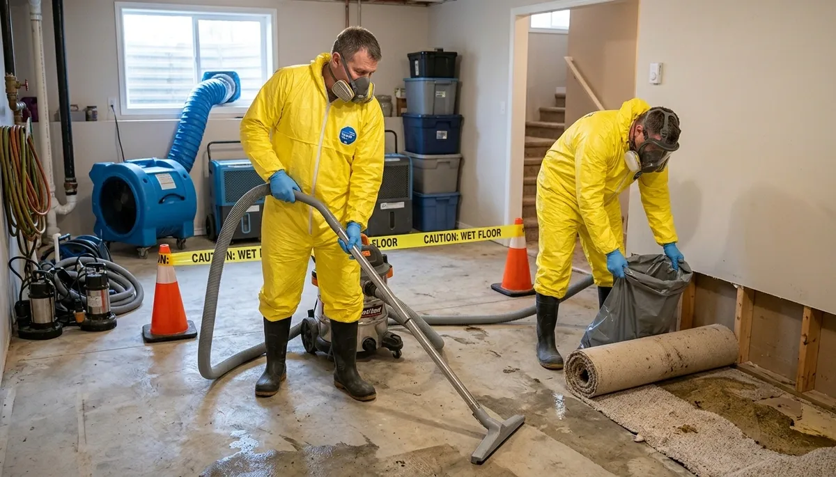 Sewage cleanup crew in Broken Arrow, OK removing contaminated water from a home floor
