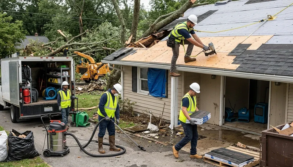 Storm damage restoration crew in Broken Arrow, OK removing water from a home after severe weather