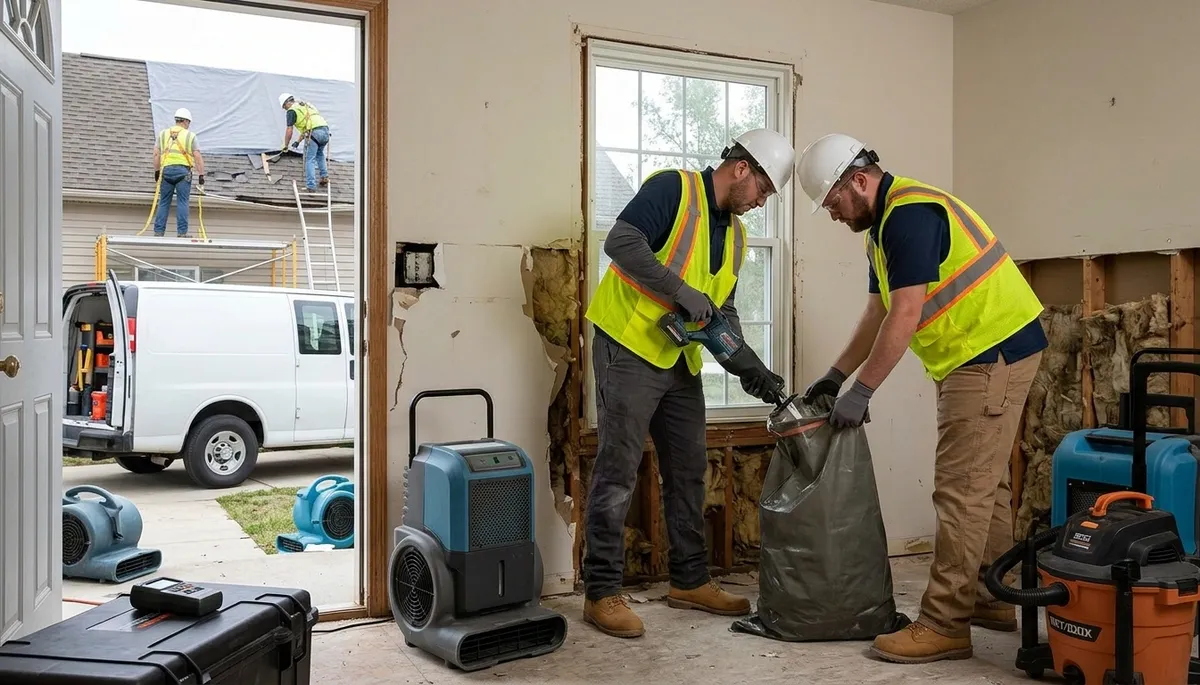 Storm damage restoration team in Broken Arrow, OK inspecting water-damaged home