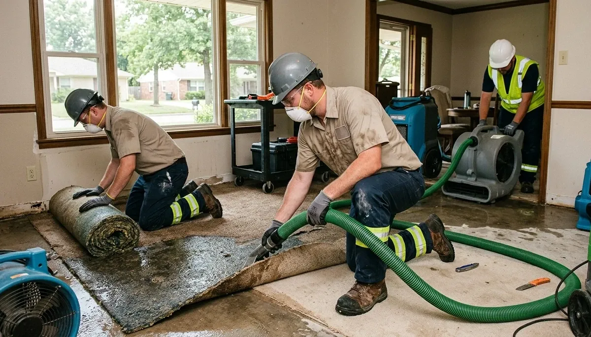 Water damage restoration team in Broken Arrow, OK removing water and drying a flooded property