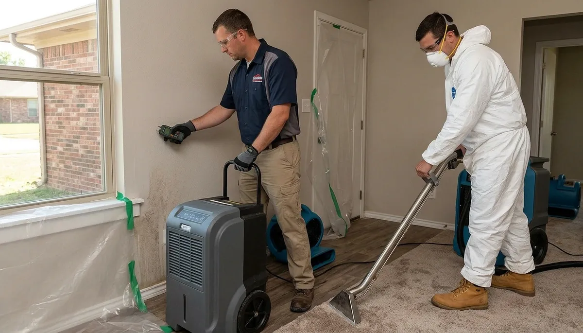 Water damage restoration team in Broken Arrow, OK inspecting and drying a flooded property