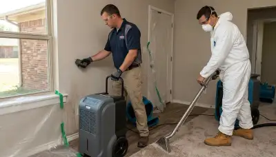 Water damage restoration team in Broken Arrow, OK inspecting and drying a flooded property