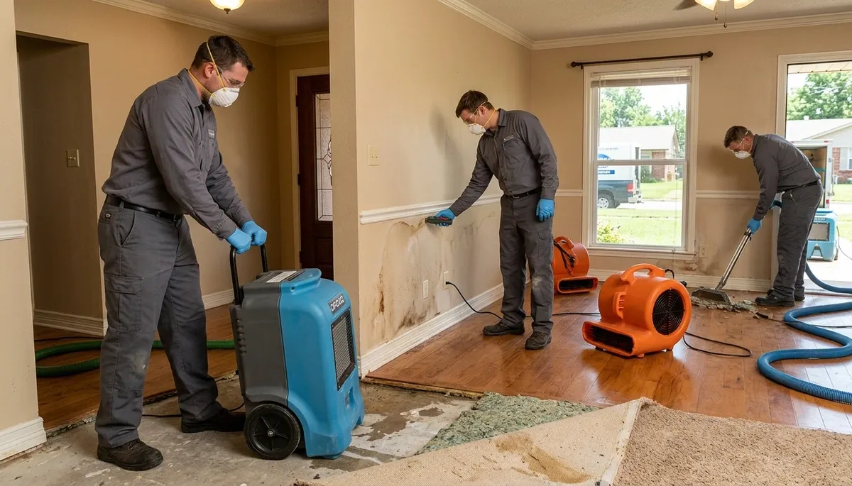 Water damage restoration team in Broken Arrow, OK inspecting storm-damaged property