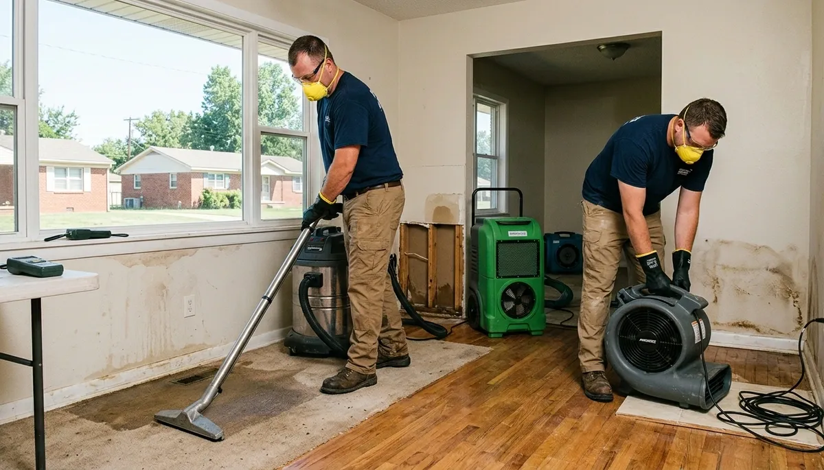 Water damage restoration team in Broken Arrow, OK inspecting and drying a flooded property
