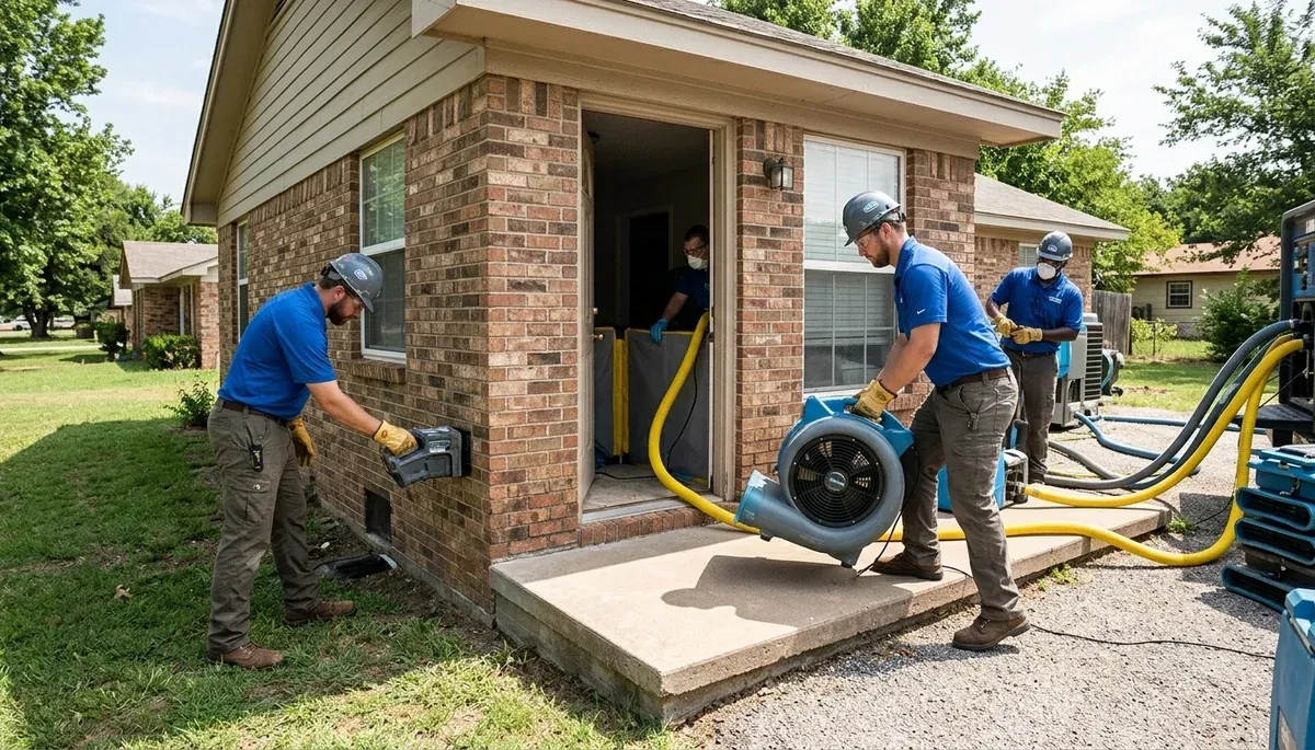 Broken Arrow, OK water damage restoration team inspecting moisture damage in a commercial property