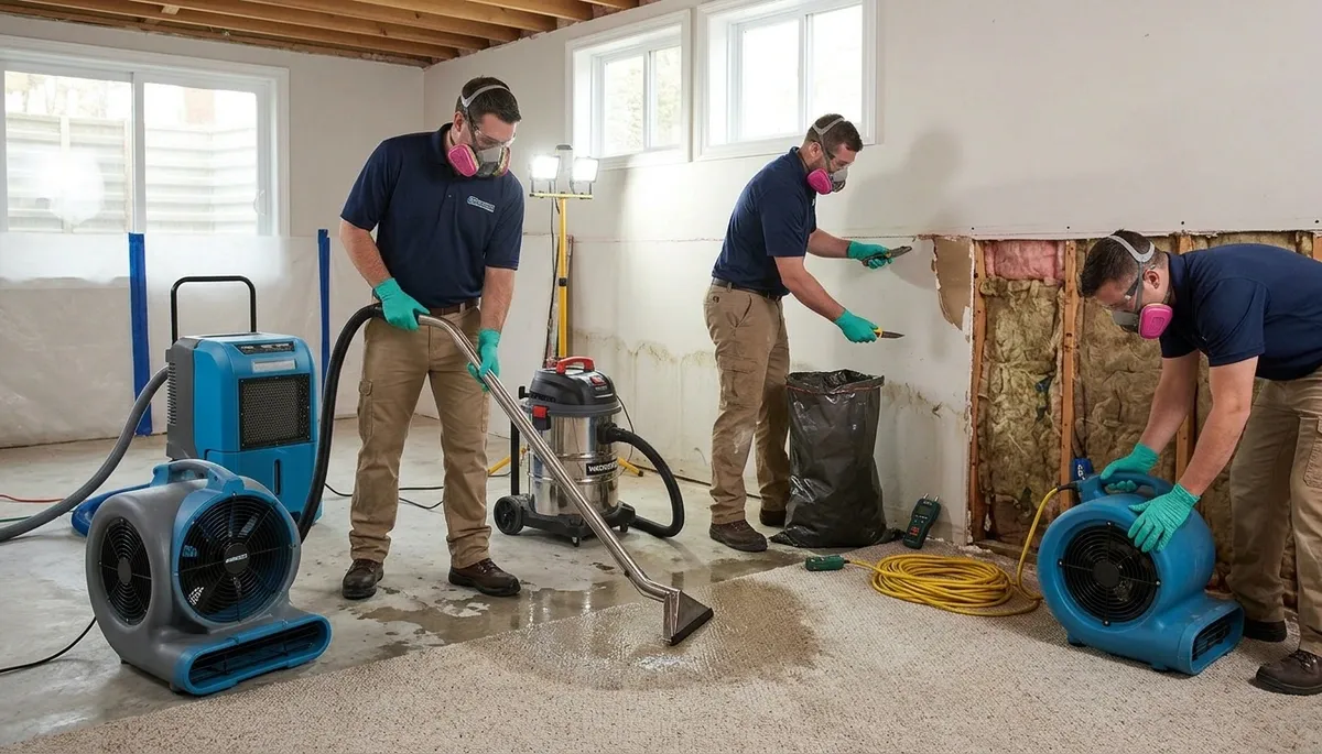 Water damage restoration team repairing a Broken Arrow, OK home after storm runoff and pipe leaks