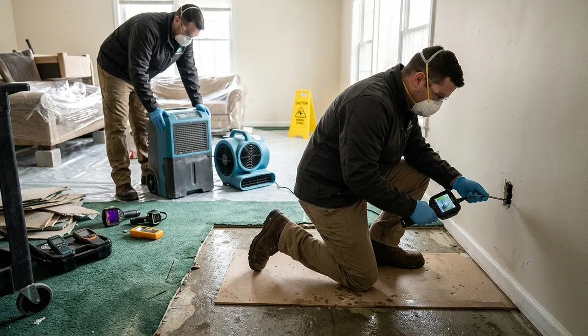 Water damage restoration technician serving Broken Arrow, OK homes after storm runoff and pipe leaks
