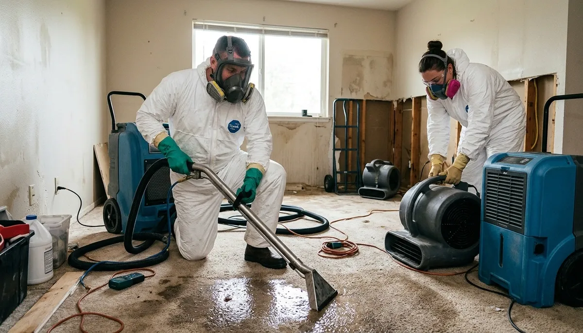 Water damage restoration team in Broken Arrow, OK removing storm runoff and drying a home